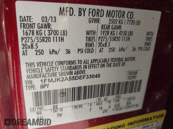 2013 Ford Expedition Max Limited z VIN 1FMJK2A55DEF33048, wystawiony jako IAAI lot #42388240 z przebiegiem 244 265 mil mil oraz . Historia ofert i sprzedaży dostępna na DreamBid. Obrazek 9.