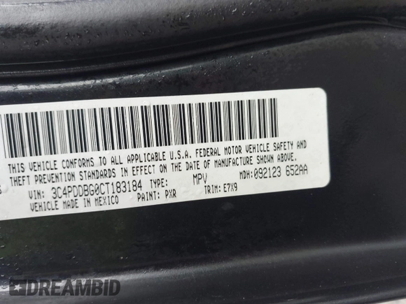 2012 Dodge Journey SXT z VIN 3C4PDDBG0CT183184, wystawiony jako IAAI lot #42372821 z przebiegiem Nie podano mil oraz . Historia ofert i sprzedaży dostępna na DreamBid. Obrazek 9.