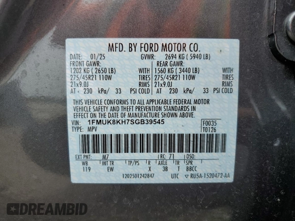 2025 Ford Explorer ST-Line z VIN 1FMUK8KH7SGB39545, wystawiony jako Copart lot #59677815 z przebiegiem 4 863 mil mil oraz Nie do naprawy • Non repairable. Historia ofert i sprzedaży dostępna na DreamBid. Obrazek 14.