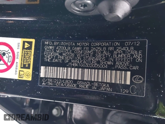 2013 Lexus ES 250 с VIN JTHBK1GG3D2005004, выставлен на аукционе IAAI как лот 42277396 с пробегом 157 846 миль миль и . История ставок и продаж доступна на DreamBid. Изображение 9.
