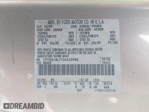 2000 Ford F-150 XL with VIN 1FTRX18L7YNA42980, listed as a IAAI auction lot 42273446 with 208,563 mi miles and . Bid and sale history available at DreamBid. Image 9.