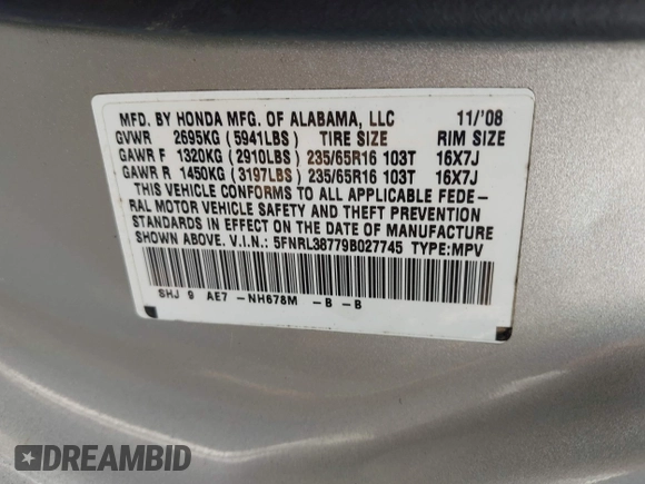 2009 Honda Odyssey EX-L с VIN 5FNRL38779B027745, выставлен на аукционе IAAI как лот 42382900 с пробегом 157 118 миль миль и . История ставок и продаж доступна на DreamBid. Изображение 9.