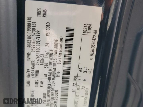 2019 Ford Transit Passenger XL with VIN 1FBZX2ZM3KKB25025, listed as a Copart auction lot 50066174 with 194,301 mi miles and Salvage Title. Bid and sale history available at carsss.com. Image 13.