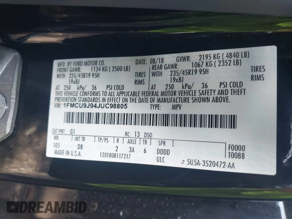 2018 Ford Escape Titanium with VIN 1FMCU9J94JUC98805, listed as a IAAI auction lot 42718214 with 36,689 mi miles and . Bid and sale history available at DreamBid. Image 9.