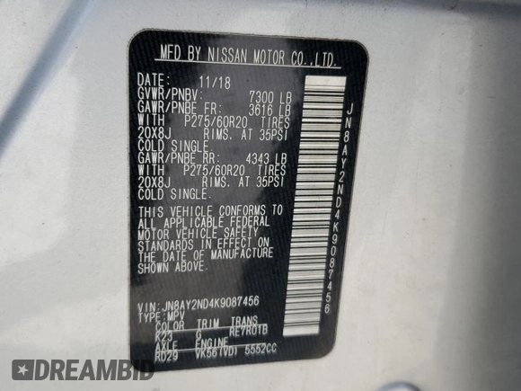2019 Nissan Armada SL z VIN JN8AY2ND4K9087456, wystawiony jako Copart lot #53859545 z przebiegiem Nie podano mil oraz Szkoda całkowita • Salvage title. Historia ofert i sprzedaży dostępna na DreamBid. Obrazek 13.