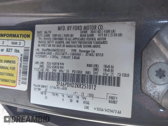 2019 Ford Fusion SE with VIN 3FA6P0HD2KR251012, listed as a IAAI auction lot 40626475 with 60,596 mi miles and . Bid and sale history available at DreamBid. Image 9.