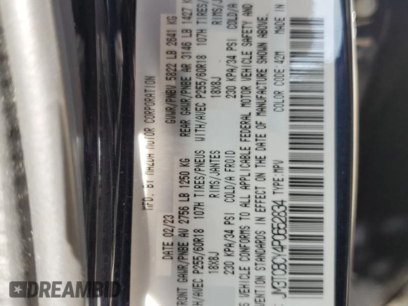 2023 Mazda CX-9 Touring with VIN JM3TCBCY4P0652834, listed as a Copart auction lot 57668725 with 23,370 mi miles and Salvage title. Bid and sale history available at DreamBid. Image 14.