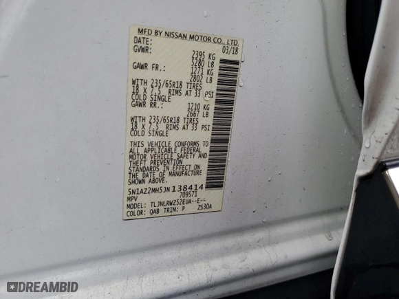 2018 Nissan Murano Platinum with VIN 5N1AZ2MH5JN138414, listed as a Copart auction lot 43056295 with 75,900 mi miles and Salvage Title. Bid and sale history available at carsss.com. Image 13.