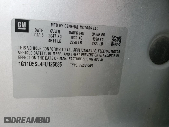 2015 Chevrolet Malibu LT with VIN 1G11D5SL4FU125686, listed as a Copart auction lot 56316725 with 142,896 mi miles and Clean Title. Bid and sale history available at DreamBid. Image 12.