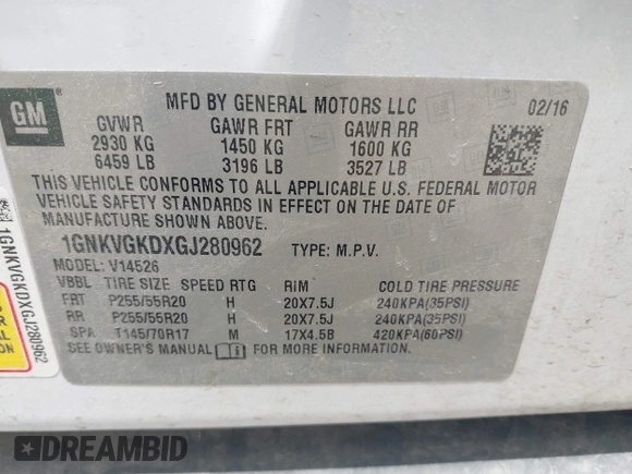 2016 Chevrolet Traverse LT с VIN 1GNKVGKDXGJ280962, выставлен на аукционе IAAI как лот 42377088 с пробегом 168 543 миль миль и . История ставок и продаж доступна на DreamBid. Изображение 9.