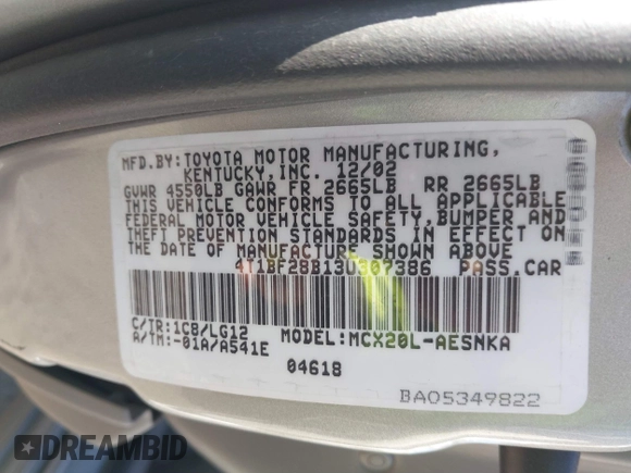 2003 Toyota Avalon XL with VIN 4T1BF28B13U307386, listed as a IAAI auction lot 41652379 with 149,730 mi miles and . Bid and sale history available at carsss.com. Image 9.