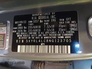 2022 Kia Sorento S with VIN 5XYRL4LC8NG123705, listed as a IAAI auction lot 42231243 with 90,031 mi miles and . Bid and sale history available at DreamBid. Image 9.
