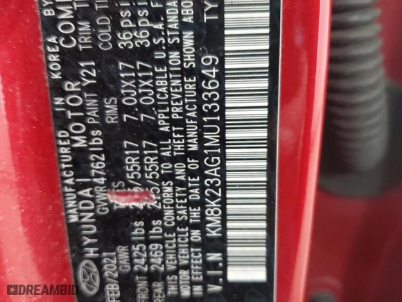 2021 Hyundai Kona Electric SEL with VIN KM8K23AG1MU133649, listed as a Copart auction lot 46699795 with 0 mi miles and Salvage Title. Bid and sale history available at carsss.com. Image 14.