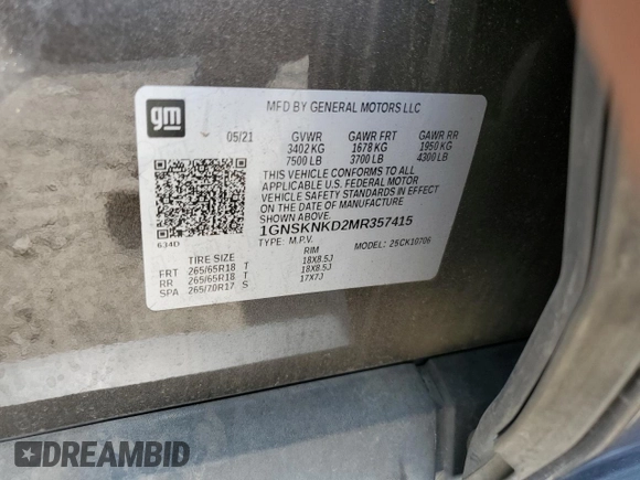 2021 Chevrolet Tahoe LT z VIN 1GNSKNKD2MR357415, wystawiony jako Copart lot #65203165 z przebiegiem 82 996 mil mil oraz Szkoda całkowita • Salvage title. Historia ofert i sprzedaży dostępna na DreamBid. Obrazek 14.