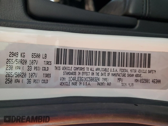 2019 Jeep Grand Cherokee Limited with VIN 1C4RJEBG1KC580324, listed as a Copart auction lot 56604845 with 109,579 mi miles and Salvage title. Bid and sale history available at DreamBid. Image 13.