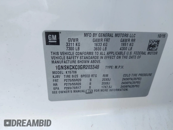2016 Chevrolet Tahoe LTZ with VIN 1GNSKCKC0GR203348, listed as a IAAI auction lot 42220438 with 108,657 mi miles and . Bid and sale history available at DreamBid. Image 9.