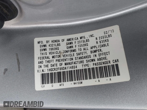 2013 Honda Accord Sdn EX-L with VIN 1HGCR2F86DA114954, listed as a IAAI auction lot 41919216 with 212,819 mi miles. Bid and sale history available at carsss.com. Image 9.