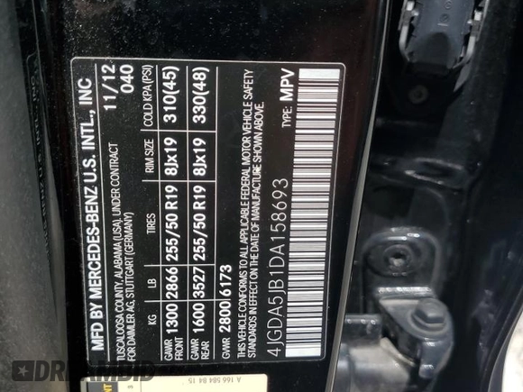 2013 Mercedes-Benz M 350 with VIN 4JGDA5JB1DA158693, listed as a Copart auction lot 60065005 with 98,896 mi miles and Salvage title. Bid and sale history available at DreamBid. Image 13.