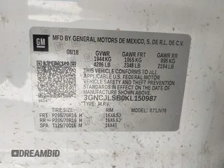2019 Chevrolet Trax LT with VIN 3GNCJLSB0KL150987, listed as a IAAI auction lot 41408466 with 113,451 mi miles and . Bid and sale history available at carsss.com. Image 9.