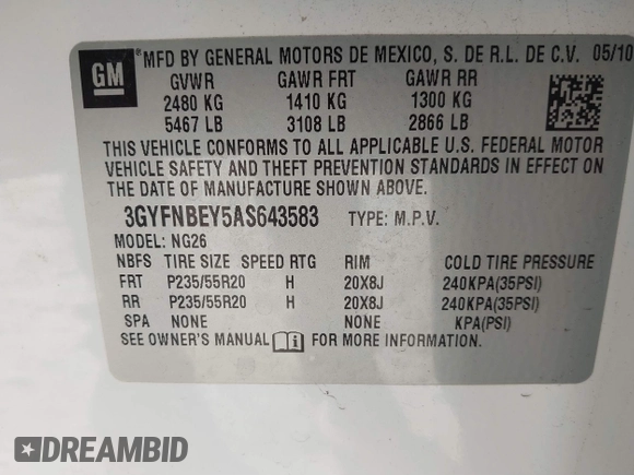 2010 Cadillac SRX Performance Collection with VIN 3GYFNBEY5AS643583, listed as a IAAI auction lot 41638630 with 137,431 mi miles and . Bid and sale history available at DreamBid. Image 9.