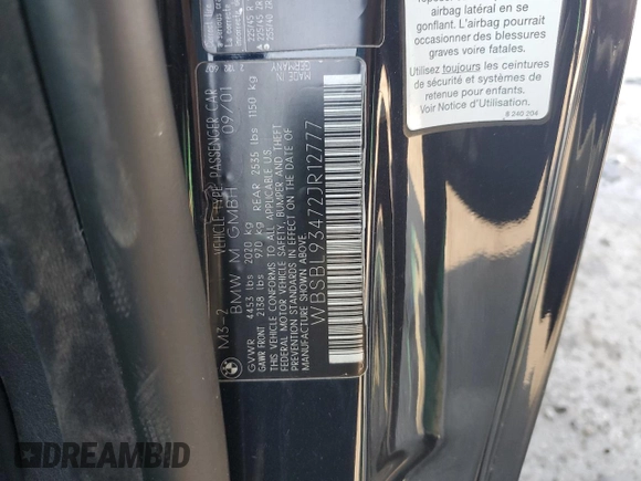 2002 BMW 3 Series M3 with VIN WBSBL93472JR12777, listed as a Copart auction lot 74556924 with 80,614 mi miles and Clean Title. Bid and sale history available at DreamBid. Image 12.