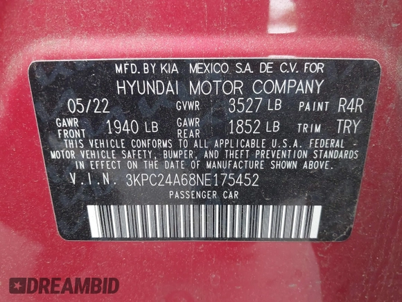 2022 Hyundai Accent SE with VIN 3KPC24A68NE175452, listed as a IAAI auction lot 42131182 with 44,541 mi miles and . Bid and sale history available at carsss.com. Image 9.