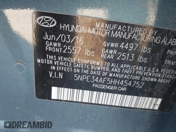 2017 Hyundai Sonata Sport with VIN 5NPE34AF5HH454752, listed as a IAAI auction lot 41651338 with 51,524 mi miles and . Bid and sale history available at DreamBid. Image 9.