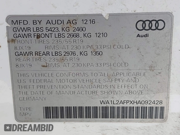 2017 Audi Q5 Premium Plus z VIN WA1L2AFPXHA092428, wystawiony jako IAAI lot #42051519 z przebiegiem 99 149 mil mil oraz . Historia ofert i sprzedaży dostępna na DreamBid. Obrazek 9.