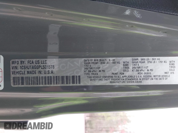2023 Jeep Gladiator Sport S с VIN 1C6HJTAG0PL501578, выставлен на аукционе IAAI как лот 41912958 с пробегом 22 708 миль миль и . История ставок и продаж доступна на DreamBid. Изображение 9.