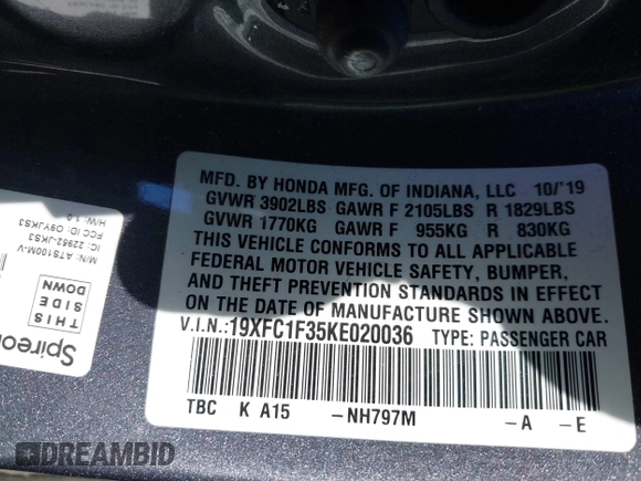 2019 Honda Civic Sedan EX with VIN 19XFC1F35KE020036, listed as a IAAI auction lot 41774068 with 67,083 mi miles. Bid and sale history available at carsss.com. Image 9.
