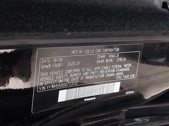 2009 Volvo S60 2.5T with VIN YV1RH592692723722, listed as a IAAI auction lot 41302600 with 126,027 mi miles. Bid and sale history available at carsss.com. Image 9.