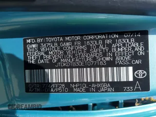 2014 Toyota Prius One with VIN JTDKDTB30E1077183, listed as a IAAI auction lot 42183675 with 92,560 mi miles and . Bid and sale history available at DreamBid. Image 9.