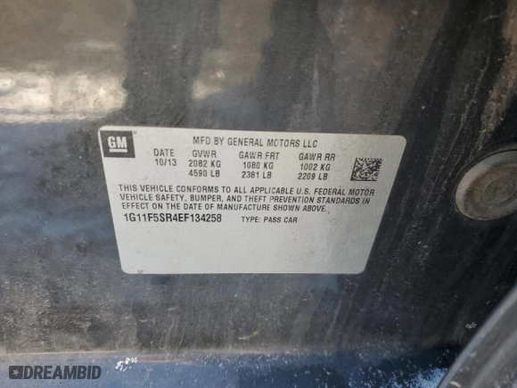 2014 Chevrolet Malibu ECO with VIN 1G11F5SR4EF134258, listed as a Copart auction lot 89124035 with 104,833 mi miles and Salvage Title. Bid and sale history available at carsss.com. Image 14.