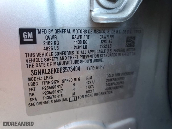 2014 Chevrolet Captiva Sport Fleet LT with VIN 3GNAL3EK6ES573404, listed as a Copart auction lot 48619585 with 0 mi miles and Salvage Title. Bid and sale history available at carsss.com. Image 13.