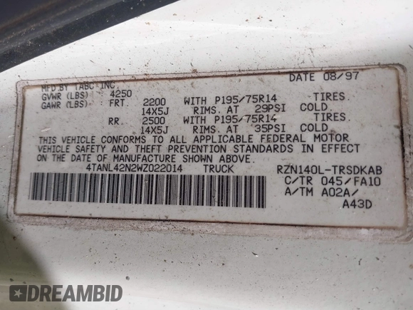 1998 Toyota Tacoma with VIN 4TANL42N2WZ022014, listed as a IAAI auction lot 41721566 with 175,566 mi miles. Bid and sale history available at carsss.com. Image 9.