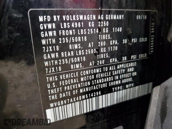 2011 Volkswagen Tiguan SE with VIN WVGBV7AX4BW514296, listed as a Copart auction lot 55170155 with 151,068 mi miles and Clean Title. Bid and sale history available at DreamBid. Image 12.