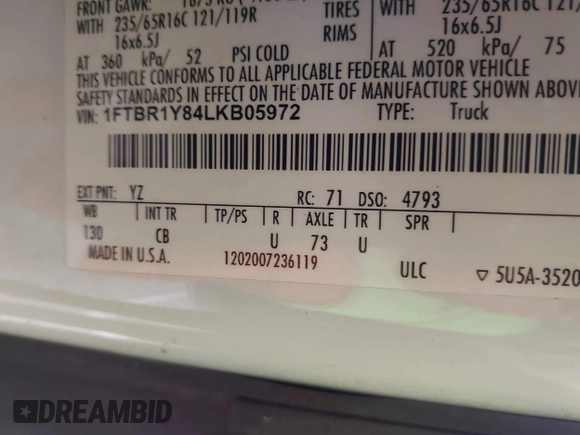 2020 Ford Transit Cargo with VIN 1FTBR1Y84LKB05972, listed as a IAAI auction lot 41496329 with Not Provided miles and . Bid and sale history available at DreamBid. Image 9.
