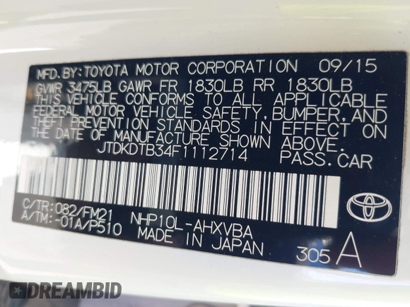 2015 Toyota Prius One with VIN JTDKDTB34F1112714, listed as a IAAI auction lot 42019567 with 163,411 mi miles and . Bid and sale history available at carsss.com. Image 9.