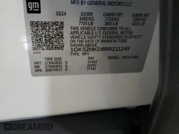 2024 GMC Yukon XL AT4 with VIN 1GKS2HKD8RR211249, listed as a Copart auction lot 74127264 with 9,091 mi miles and Salvage Title. Bid and sale history available at carsss.com. Image 13.