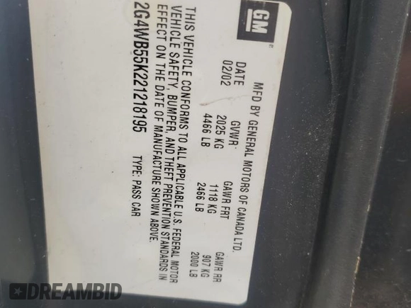 2002 Buick Regal LS z VIN 2G4WB55K221218195, wystawiony jako Copart lot #62346645 z przebiegiem 113 528 mil mil oraz Czysty tytuł • Clean title. Historia ofert i sprzedaży dostępna na DreamBid. Obrazek 13.