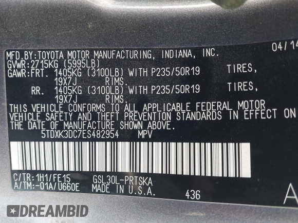 2014 Toyota Sienna SE with VIN 5TDXK3DC7ES482954, listed as a IAAI auction lot 41197465 with 160,107 mi miles and . Bid and sale history available at DreamBid. Image 9.