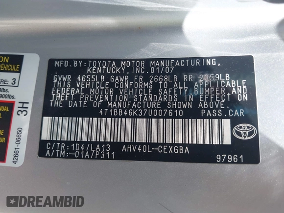 2007 Toyota Camry z VIN 4T1BB46K37U007610, wystawiony jako IAAI lot #42546223 z przebiegiem 252 363 mil mil oraz . Historia ofert i sprzedaży dostępna na DreamBid. Obrazek 9.