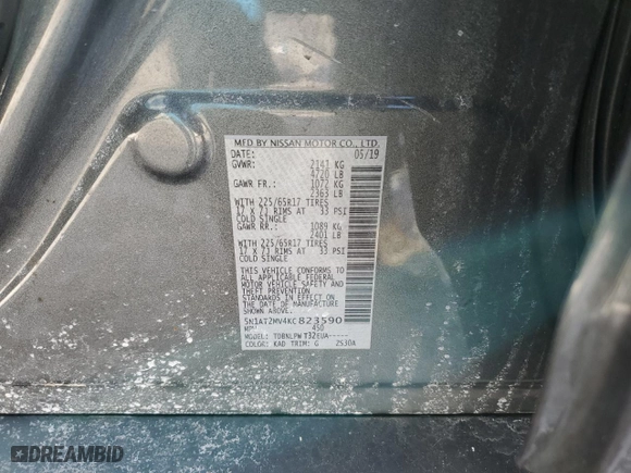2019 Nissan Rogue SV with VIN 5N1AT2MV4KC823590, listed as a Copart auction lot 45465725 with 66,899 mi miles and Salvage Title. Bid and sale history available at carsss.com. Image 14.