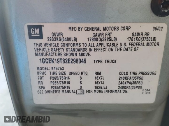 2002 Chevrolet Silverado 1500 LS with VIN 1GCEK19T82E298046, listed as a Copart auction lot 52758135 with 179,594 mi miles and Salvage Title. Bid and sale history available at DreamBid. Image 12.