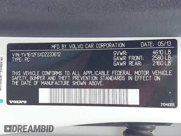 2013 Volvo S60 T5 Premier with VIN YV1612FSXD2233612, listed as a IAAI auction lot 42040839 with 103,861 mi miles. Bid and sale history available at carsss.com. Image 9.