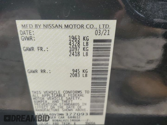 2021 Nissan Altima 2.5 SV with VIN 1N4BL4DV3MN377093, listed as a Copart auction lot 53203734 with 61,052 mi miles and Salvage Title. Bid and sale history available at carsss.com. Image 12.