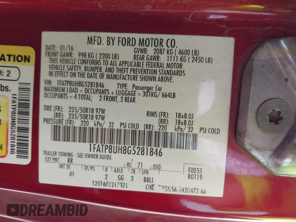 2016 Ford Mustang EcoBoost Premium with VIN 1FATP8UH8G5281846, listed as a IAAI auction lot 42300795 with 96,245 mi miles and . Bid and sale history available at DreamBid. Image 9.