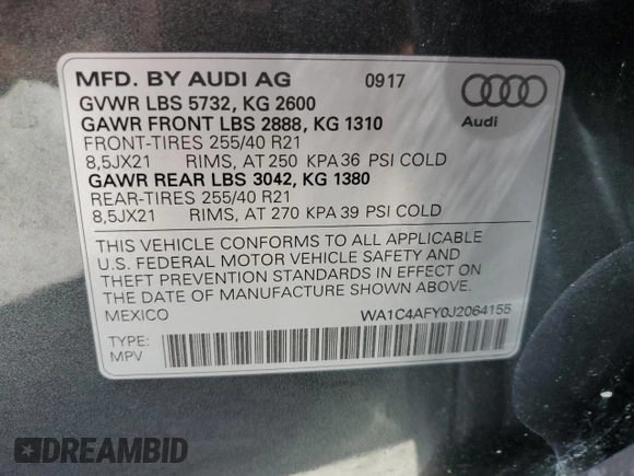 2018 Audi SQ5 Prestige with VIN WA1C4AFY0J2064155, listed as a Copart auction lot 64546094 with 58,247 mi miles and Salvage Title. Bid and sale history available at DreamBid. Image 13.