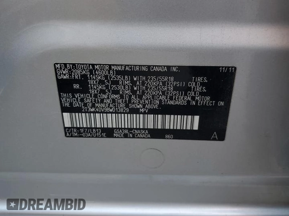 2011 Toyota RAV4 Sport with VIN 2T3WK4DV9BW013829, listed as a Copart auction lot 59898954 with 213,839 mi miles and Salvage title. Bid and sale history available at DreamBid. Image 12.