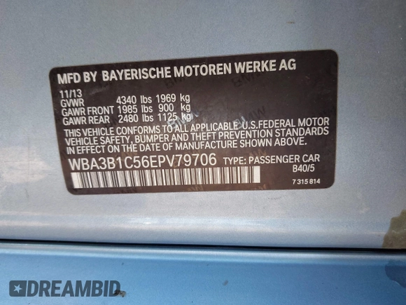 2014 BMW 3 Series 328i with VIN WBA3C1C56EAV79706, listed as a IAAI auction lot 41807033 with 104,478 mi miles. Bid and sale history available at carsss.com. Image 9.